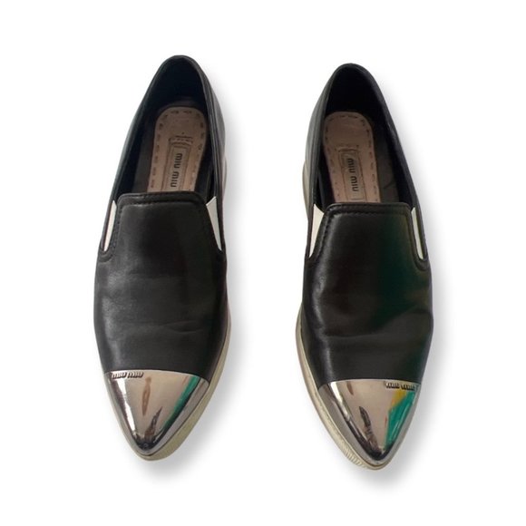 Miu Miu Shoes - Miu Miu pointed silver leather black slip ons size 36.5